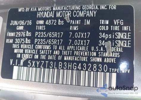 2017 Hyundai Santa Fe Sport 2.4L from USA, damaged, VIN 5XYZT3LB3HG432830